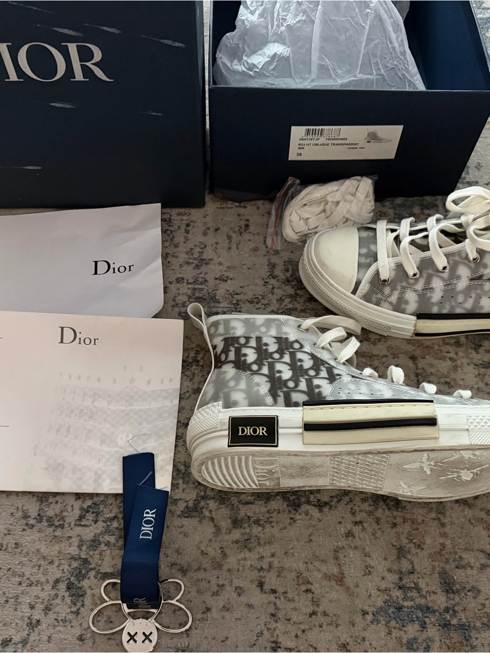 Dior Kids Gray and White High-Top Sneakers with Dior Oblique Print
